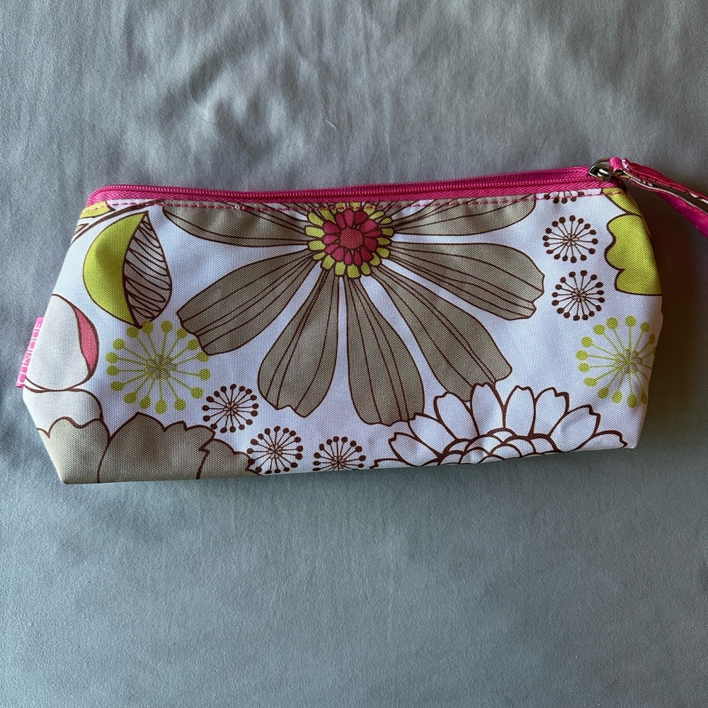 Clinique Pink and Brown Cosmetic Bag with Floral Design